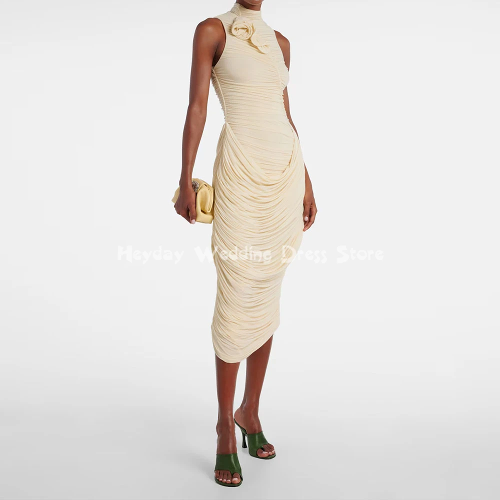 

Heyday Customized Women's High-neck Pleats 3D Flowers Evening Dresses With Sleeveless Tea-Length Elegant Party Dresses 2025