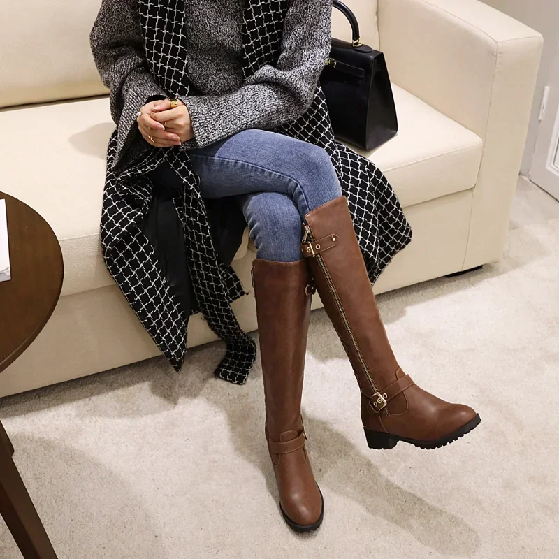 2024 New Antumn Winter Women Long Boots Plus Size 22-27 Cm Grid Splicing Side Zip Fashion Knee High Boots Women Modern Boots