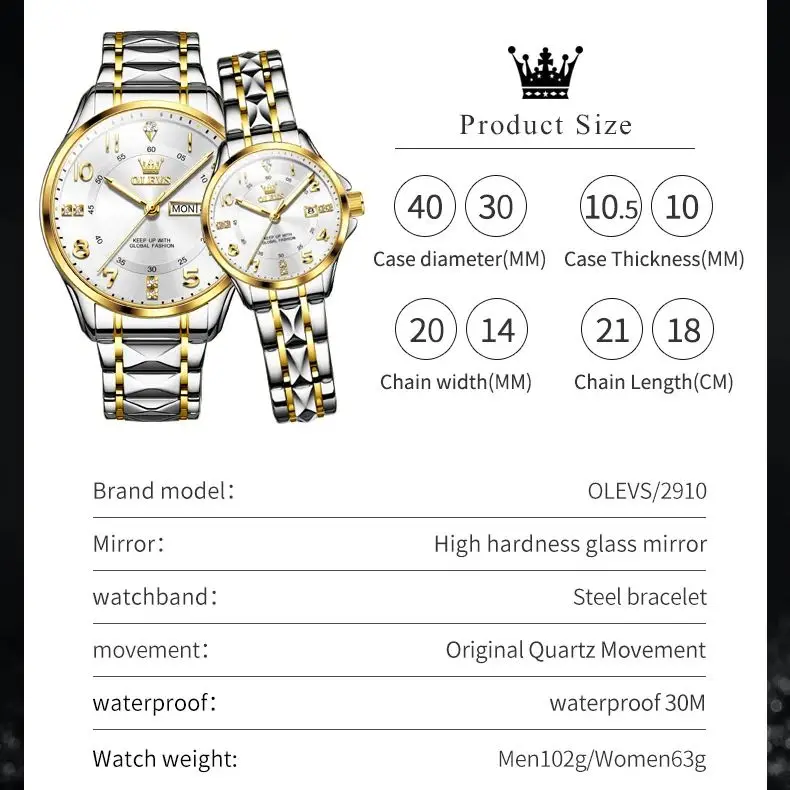 OLEVS Quartz Couple Watch for Men Women Number Dial Stainless steel Waterproof Luminous Dual Calendar Luxury Classic Wristwatch