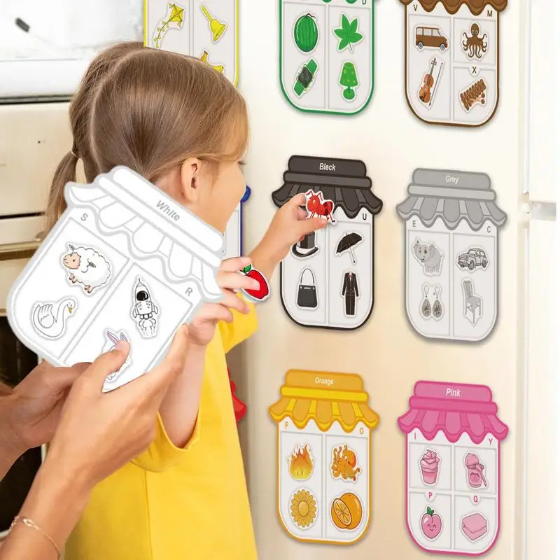 Conjunto de classificação de cores magnéticas para geladeira, ímãs de correspondência de cores, brinquedo educacional pré-escolar, jogo de aprendizagem de letras para crianças de 3 a 6 anos