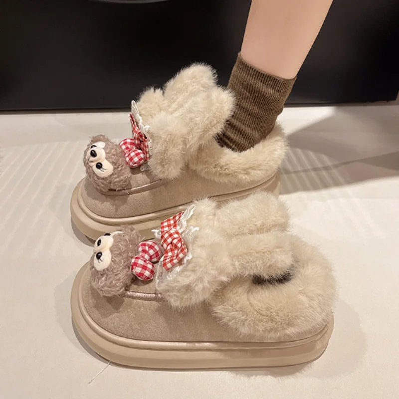 Sepatu wanita musim dingin, sepatu wanita rumah hangat imut, kartun, boneka, Platform, anti selip, sepatu katun mewah, pakaian luar ruangan, musim dingin, Disney, Shirley Rose