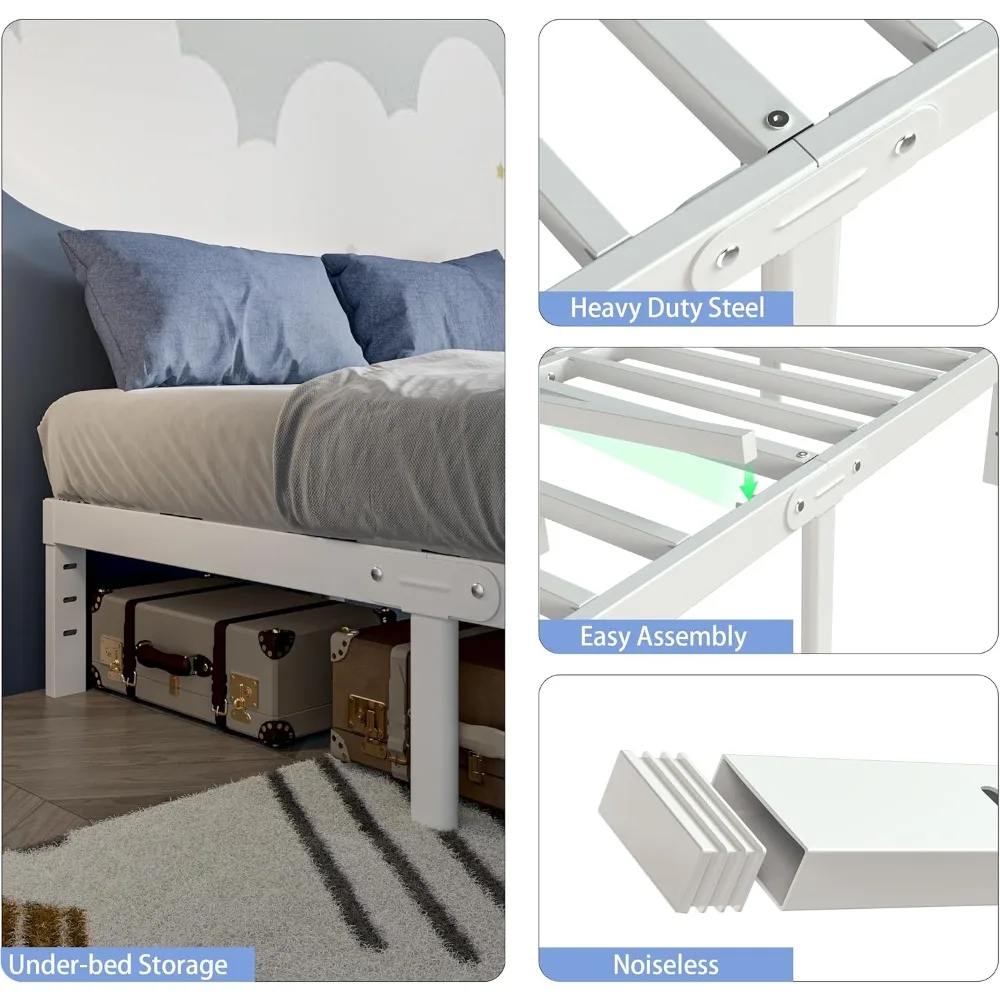 إطار سرير معدني أبيض بحجم كوين مع ارتفاع 12 بوصة، لا يتطلب صندوق زنبركي، هيكل فولاذي عالي التحمل يدعم ما يصل إلى 350