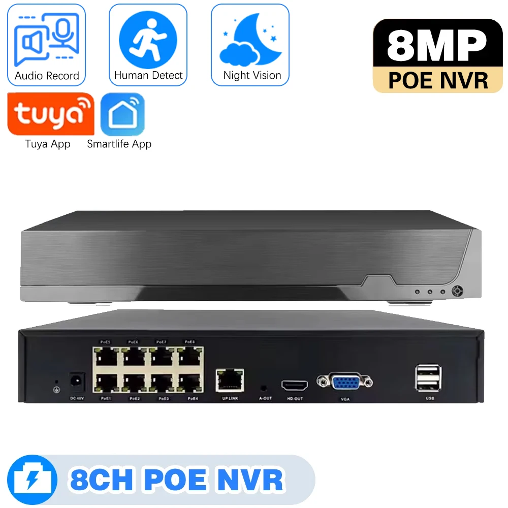 

4K 8CH POE NVR Tuya Smartlife 8MP CCTV Security System AI Human Detection H.265+ Network Surveillance Audio Video Recorder NVR