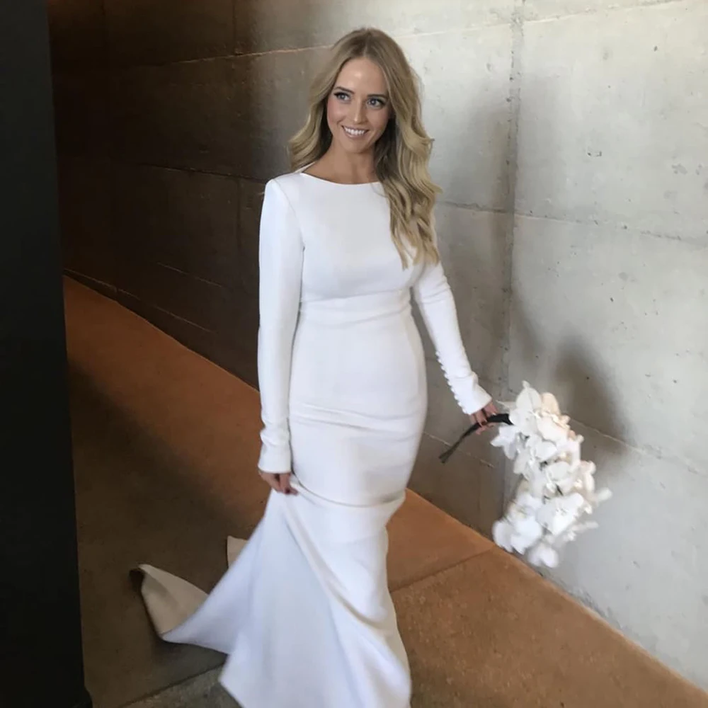 

Modest Long Sleeve Wedding Dresses 2026 Crepe Mermaid Bridal Gown Elegant Buttons Women's Long Brides Wedding Dress Customized
