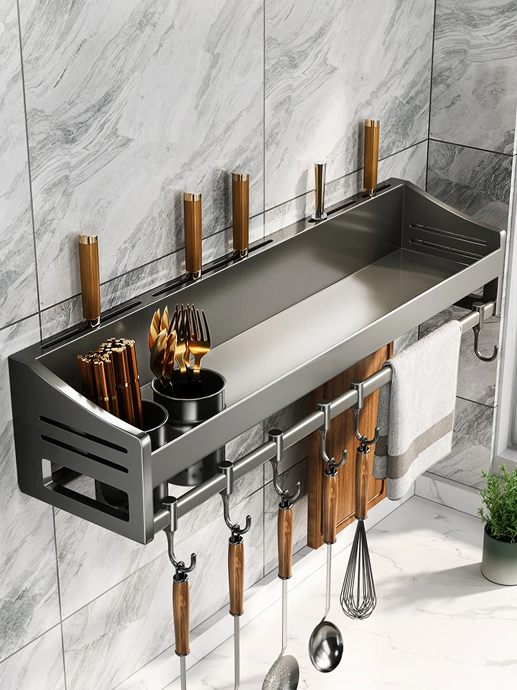 Kitchen storage rack, non perforated stainless steel, household wall mounted seasoning, chopsticks, knife holder, and a complete