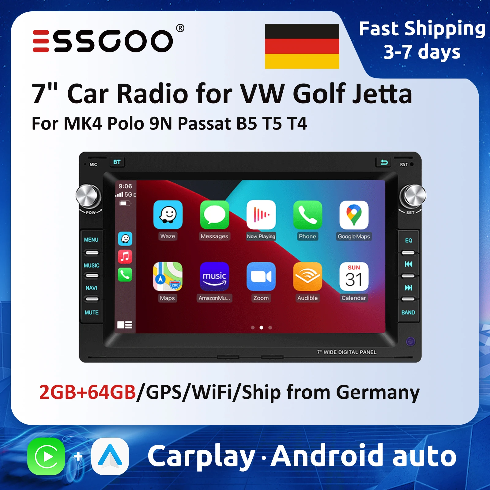 7' Android Autoradio für VW Golf Jetta MK4 Polo 9N Passat B5 T5 T4 Volkswagen Multimedia-Player 2GB 64GB Carplay Android Auto