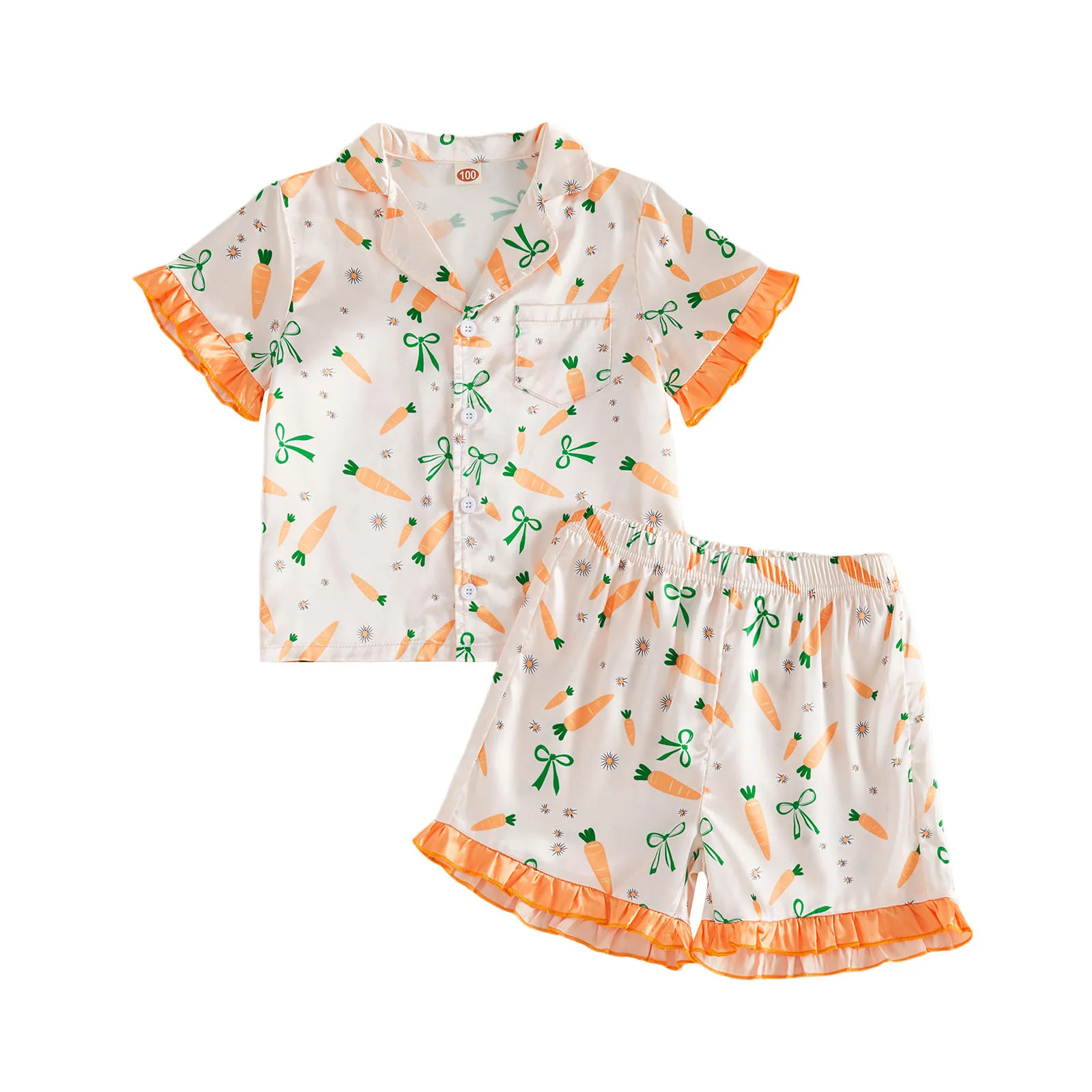 Little Girl Easter Pajamas Set Bunny Flower Carrot Bow Print Ruffled Trim Button Down Short Sleeve Tops and Shorts