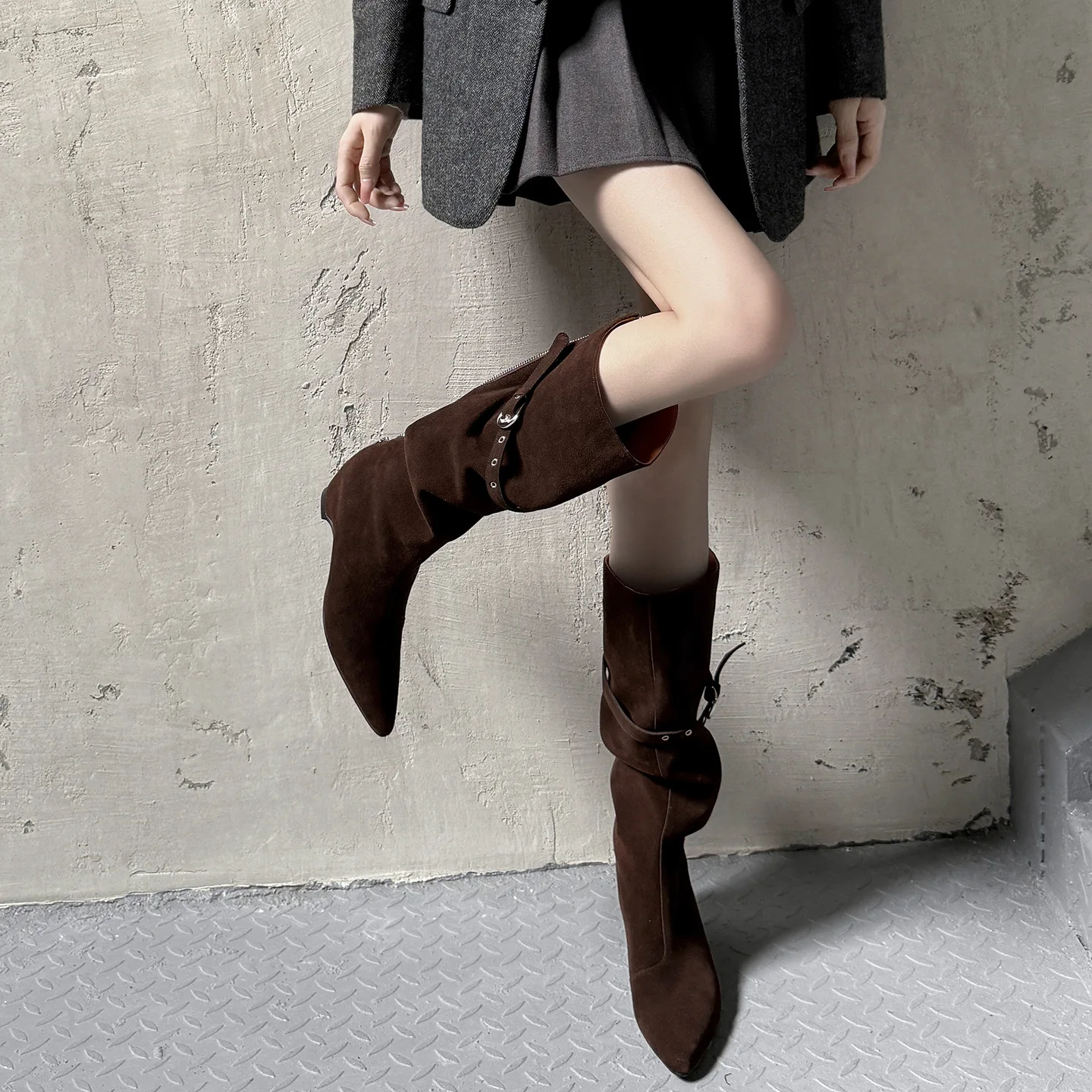 Arden Furtado Cow suede Increased Internal Large tubular boots Pointed toe Slip-on High-heeled Belt buckle Knee high boots