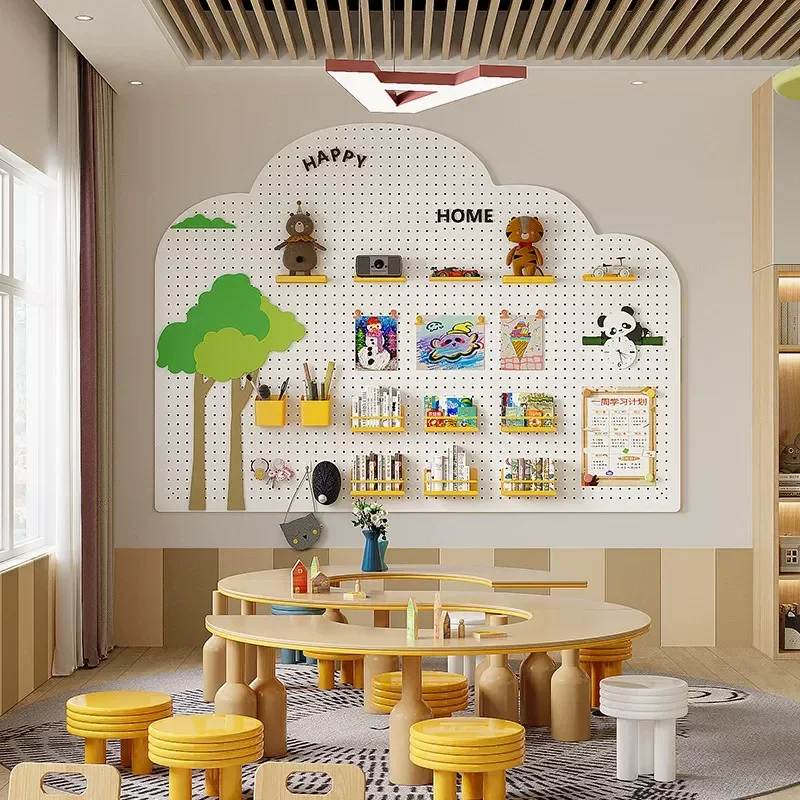 2026 Kindergarten classroom wall hole board shape size custom dormitory wall rack desktop finishing storage rack