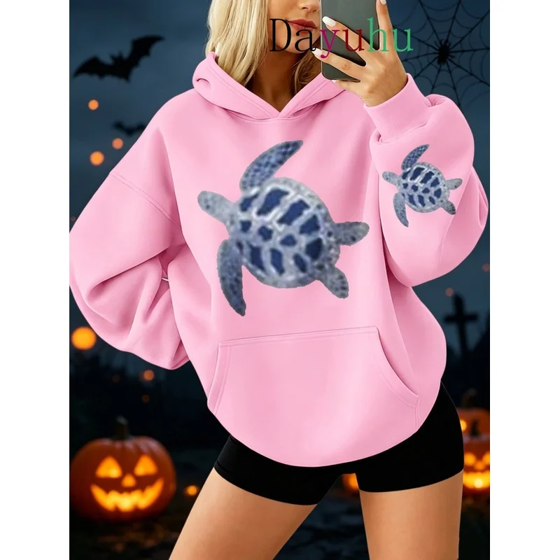 Oversized Streetwear Pullover Hoodie Halloween Sea Turtle Print Autumn Winter Daily Wear