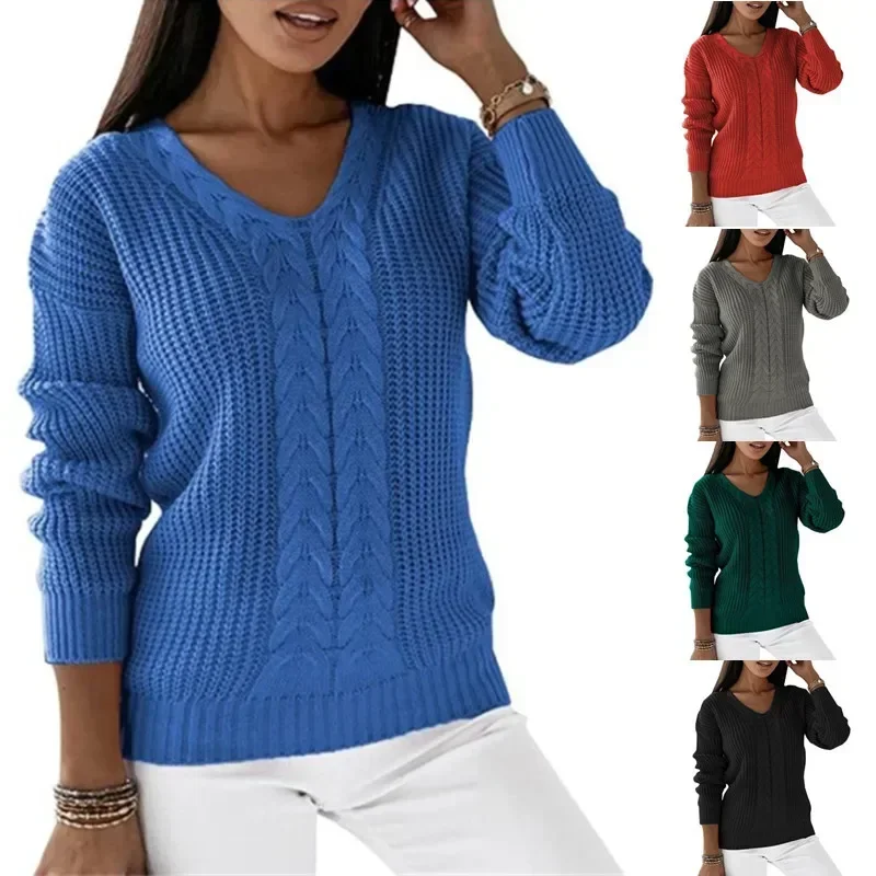 Europe and the United States new women's sweater women's long sleeve V-neck solid color twist casual knitted jumper