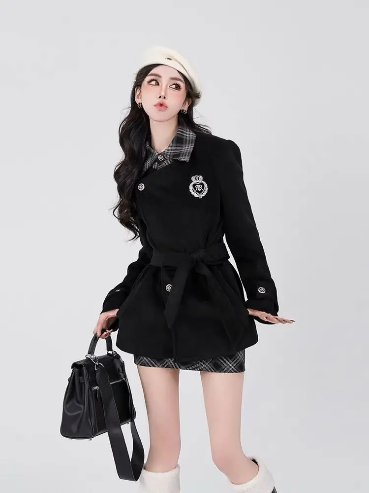 Autumn And Winter College Style Waist Black Woolen Coat Patchwork Pattern Skirt two-piece Suit Women Improved Jk Uniform Set