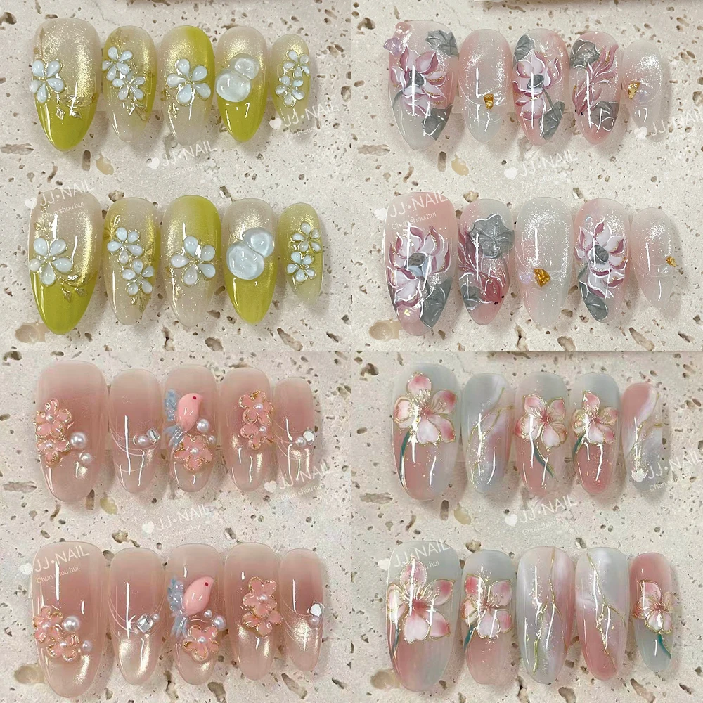 

Gentle Elegance Flower Series Handmade Long Ellipse Press On Nail Cat Eyes Diamond Pearl Butterfly Hand Drawn Reusable Fake Nail