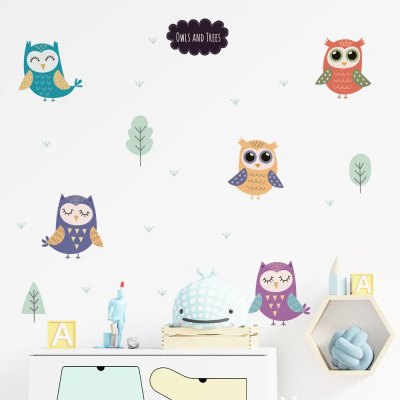 

New Scandinavian Owl Cartoon Wall Sticker, Kids Room Kindergarten Wall Beautification PVC Decal