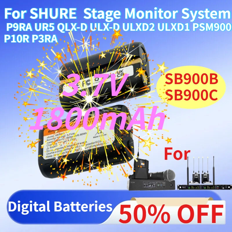 

3.7V 1800mAh Battery for SHURE Stage Monitor System Compatible SB900B SB900C P9RA UR5 QLX-D ULX-D ULXD2 ULXD1 PSM900 P10R P3RA