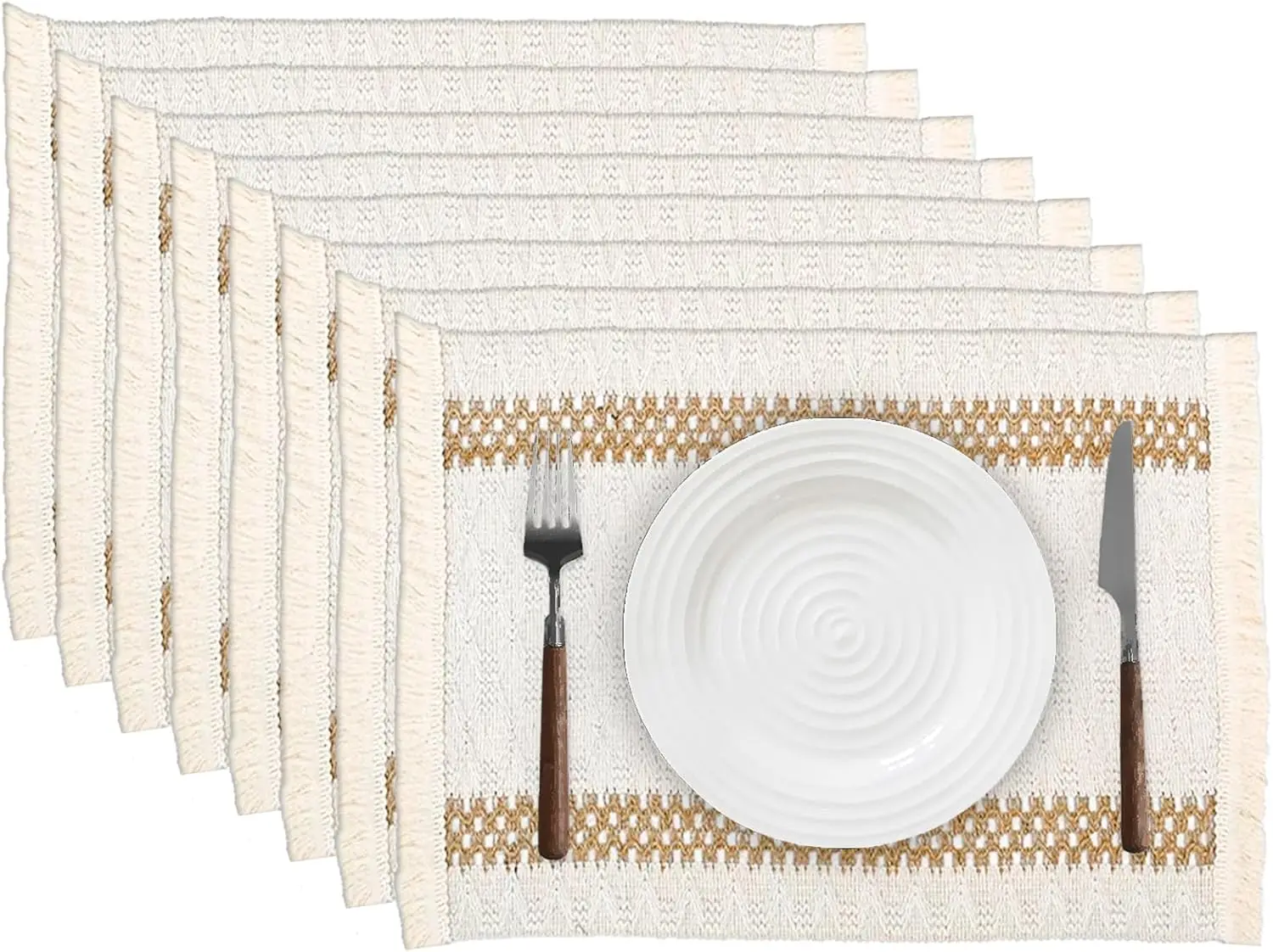 

Boho Placemats Set of 8, 12x18 Inch Natural Cotton Burlap and Kitchen Woven Placemats with Tassels