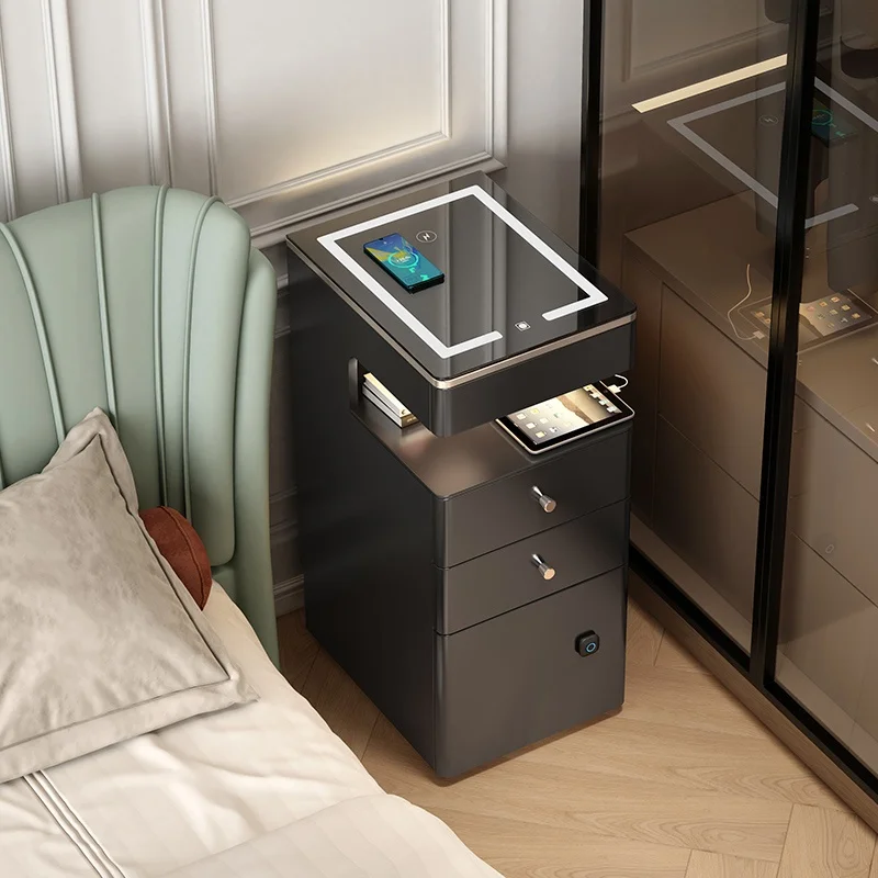 

Новый черный умный ультраузкий прикроватный шкаф 25 см, роскошный высококачественный современный дизайн, встроенные функции безопасности для домашней спальни