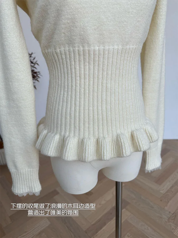 Dolce maglione stile Preppy donna colletto quadrato Pullover lavorato a maglia Beige Mori ragazza moda coreana Casual maglione di pizzo autunno