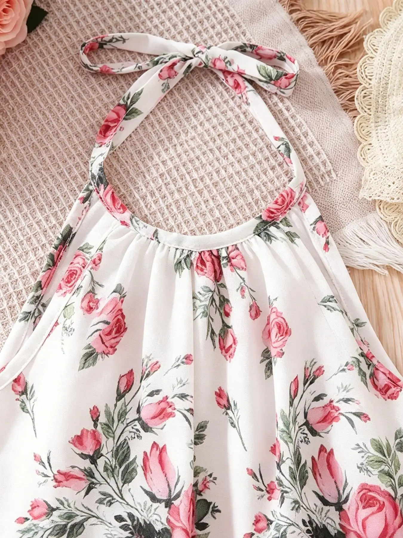 Little Girl Boho Floral Halter Dress, Tiered Ruffle Hem Summer Sundress, Elegant Fitted Dress for Kids, Perfect for Warm Weather