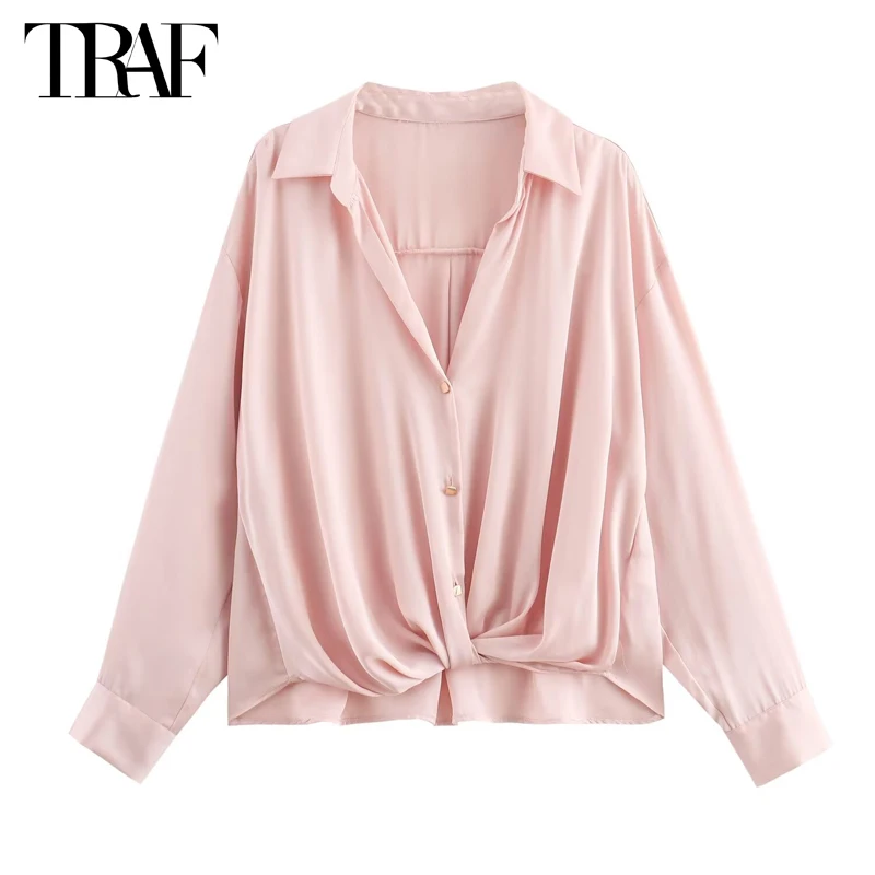 TRAF Pink Knot Satin Blouse Female Ruched Summer Blouses Woman 2024 Long Sleeve Shirts and Blouses for Lady Casual Blouses Woman