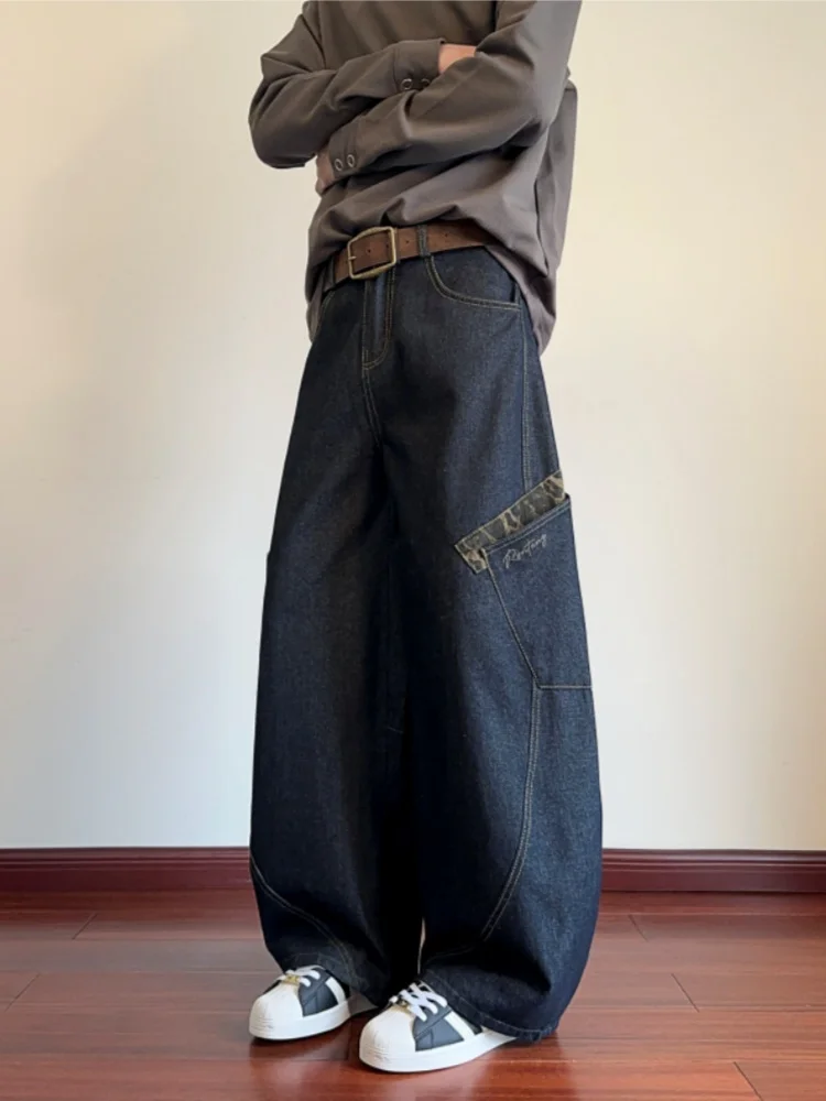 

Men's Wide Leg Jeans Spring Autumn Leopard Print Patchwork CleanFit Knife Design American Workwear Trousers Youth Faion