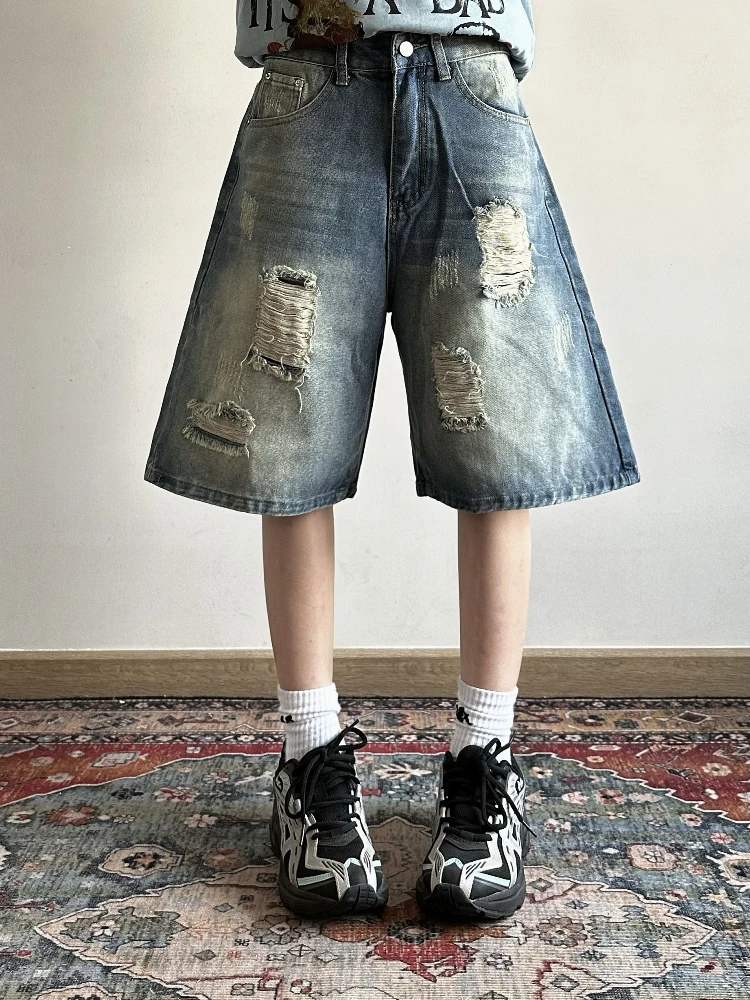 

Retro American Waed Distred Jeans Five-Point Pants Men Women Loose Straight Leg Medium Waist Denim orts Casual Wear
