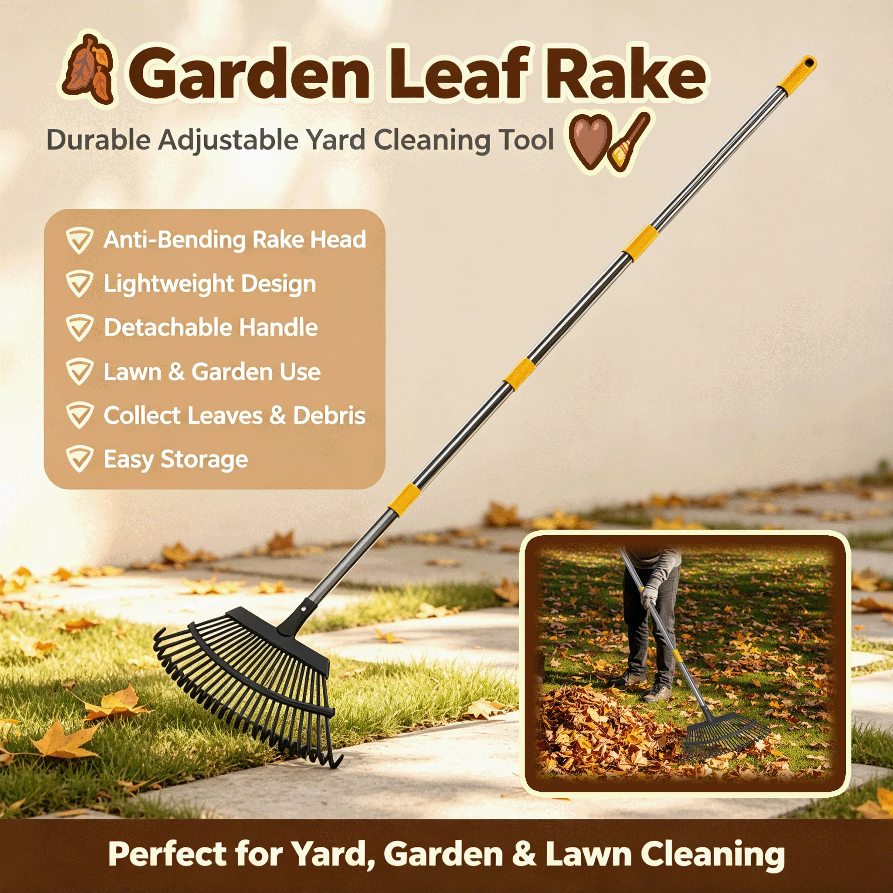 🤎 🧹 Robuster Gartenlaubrechen, Biegefester Stahlrechenkopf, Abnehmbarer Verstellbarer Griff, Outdoor-Rasenreinigungswerkzeug für Blätter und Schmutz