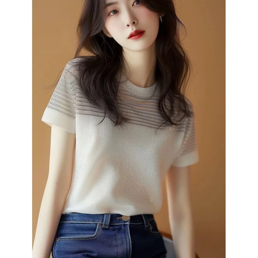 iny Tead Splice Stripe ort Sve Damen T-Shirt Oberbekleidung Schlankheitseffekt High-End europäisches Design Guangzhou Dreizehn...