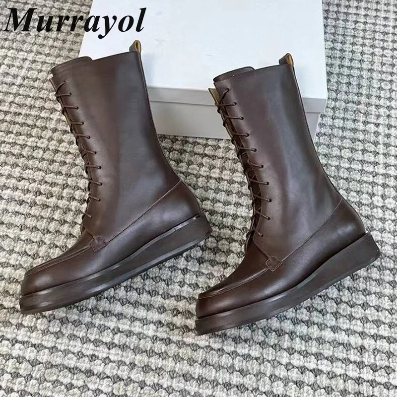 Round Toe Genuine Leather Lace Up Ankle Botas Women's Solid Color Thick Bottom Short Boots Spring Autumn Versatile Riding Boots