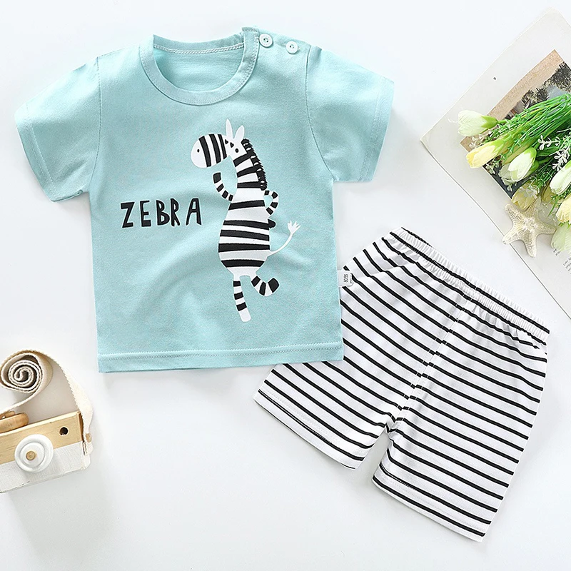 Kid Boy Summer Short Sleeves Tees+Stripe Shorts 2-piece Clothes Set Cartoon Zebra Print Soft Cotton Sports Casual Suit 1-6 Years