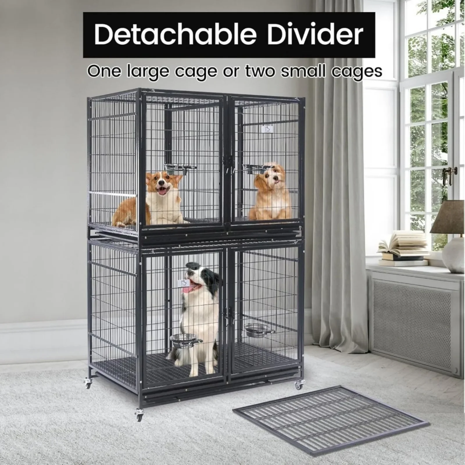 US 43 inch Dog Crate Cage Kennel with Divider, Indestructible Dog Crate, Sturdy Design, Double Door and