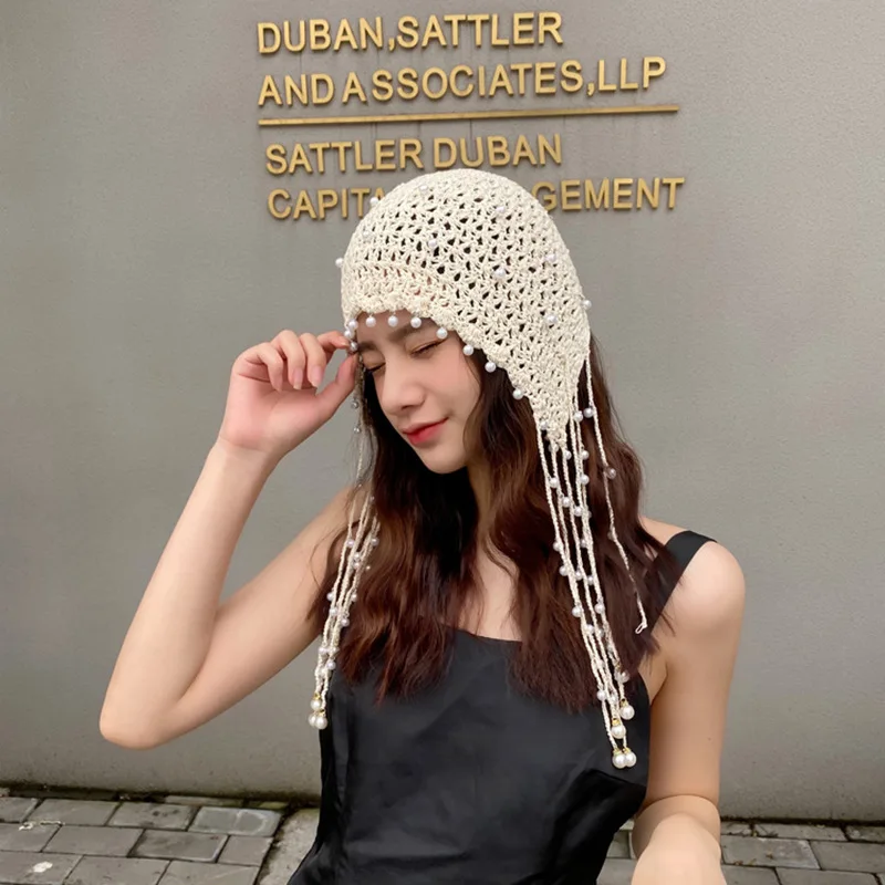 Hand-Woven Crochet Bucket Hat Women Pearl Beaded Tassel Beannies Cap Summer Flower Hollow Out Breathable Cap Girls Cute Chapeau