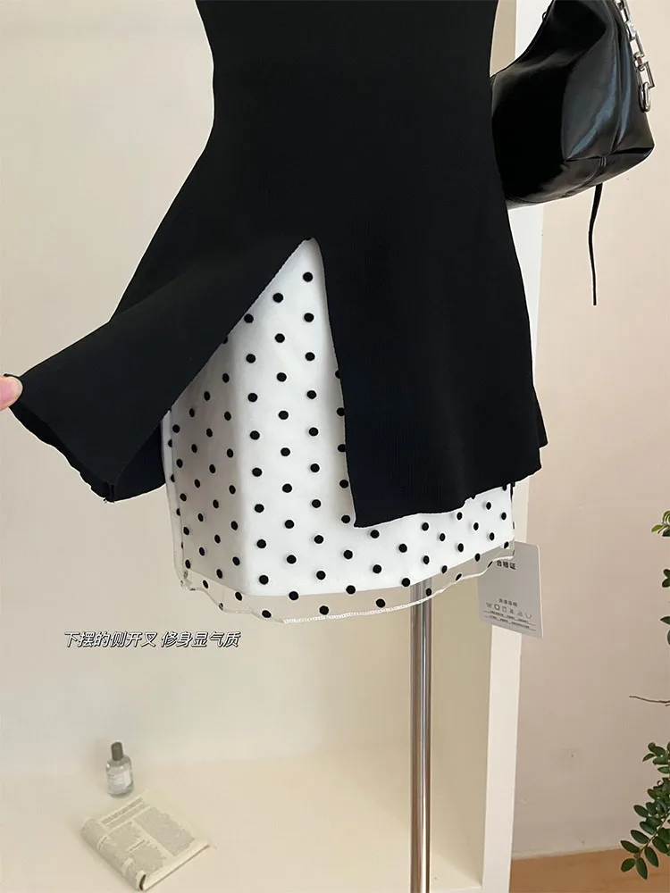 American Style Women Outfits 2 Piece Skirts Set O-Neck Bow Off Shoulder Tank Top + New Design Polka Dot Slim Wrap Hip Mini Skirt