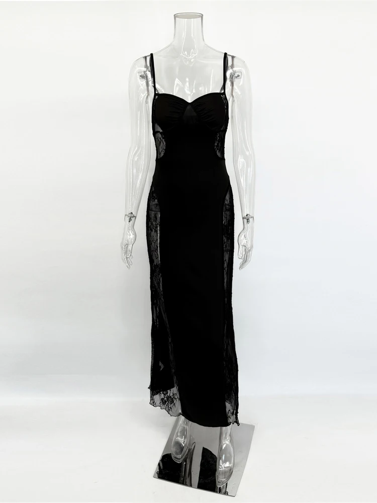 Trendix الدانتيل الأسود شير فستان طويل للنساء 2025 الخريف مثير الجوف الجانب الشق ماكسي فساتين نادي الحفلات Bodycon فستان أنيق