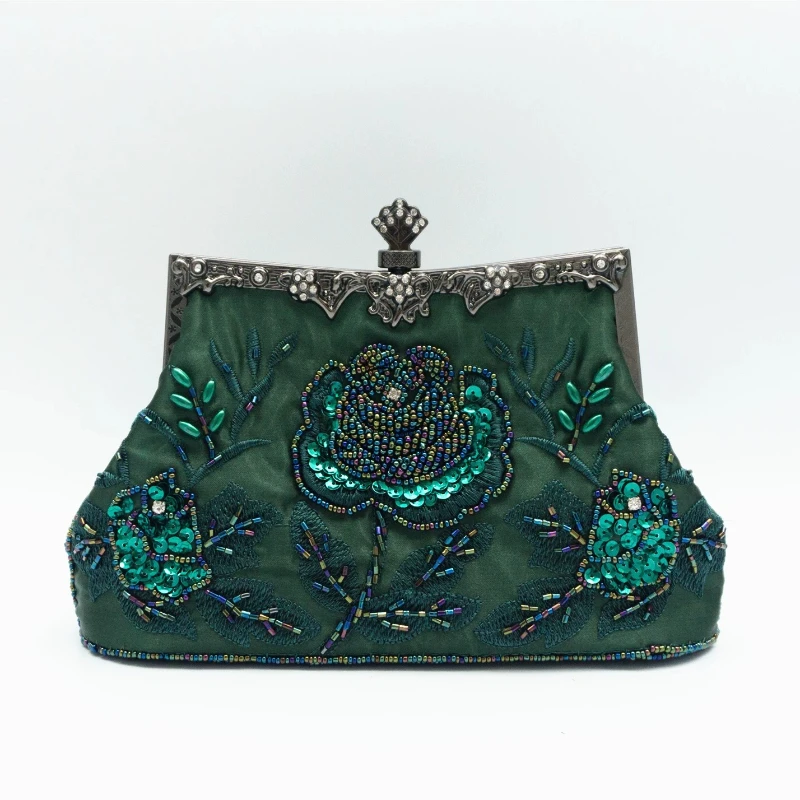 Vintage Style Women's Evening Bags Chinese-style Embroidery Beading Handheld Bag Retro Soft Ethnic Cheongsam Clutch Purse Purple