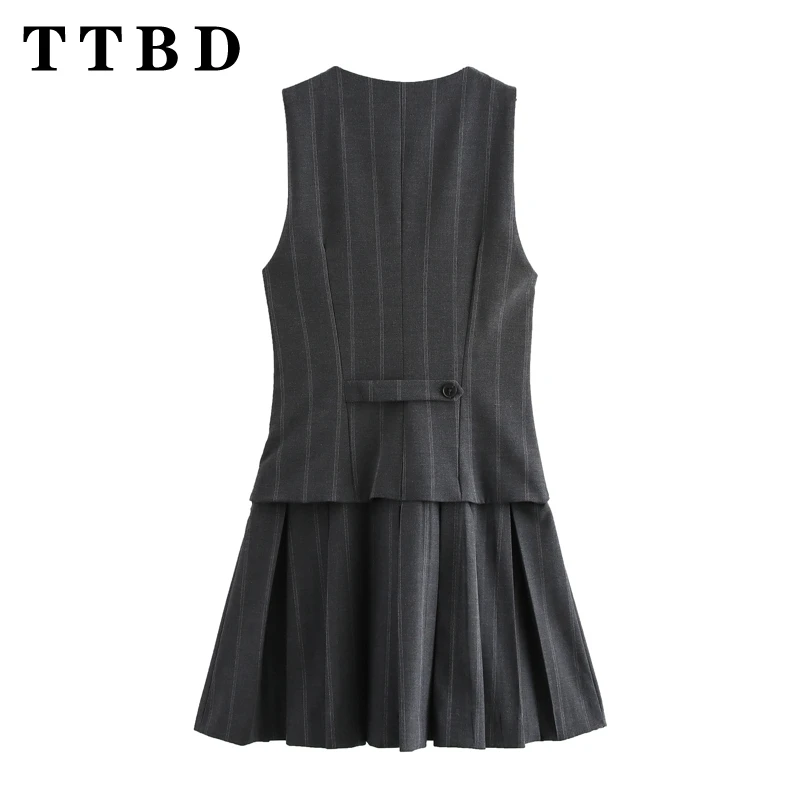 TTBD 2024 New Summer Woman Casual Single-breasted Striped Dress Pleated Skirt Female Fashion V-Collar Sleeveless Top Mini Skirt