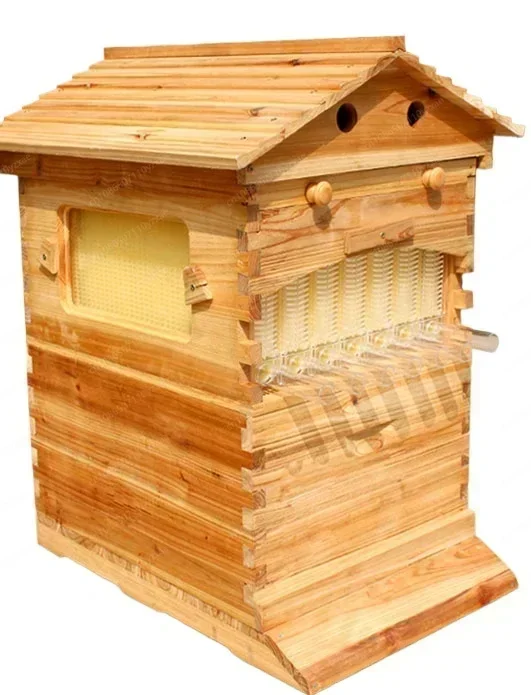 Self-flowing Bee Box, Fir Boiled Wax Bee Box, Automatic Honey Flow Device Self flowing bee box+complete set of 7 spleens device