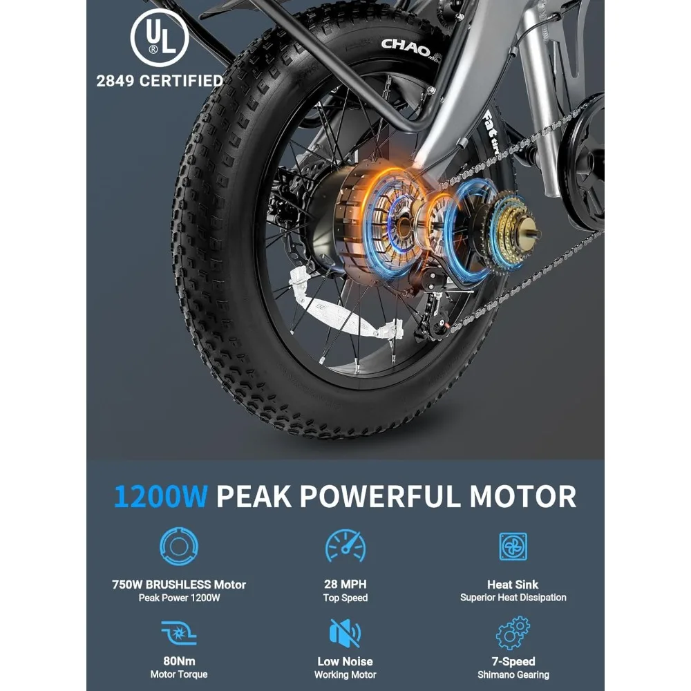 Adult Electric Bike 1200/1400W Peak, 28/32MPH 60 Miles, 720WH Battery 20x 4.0 Fat Tire Foldable/burglar alarm