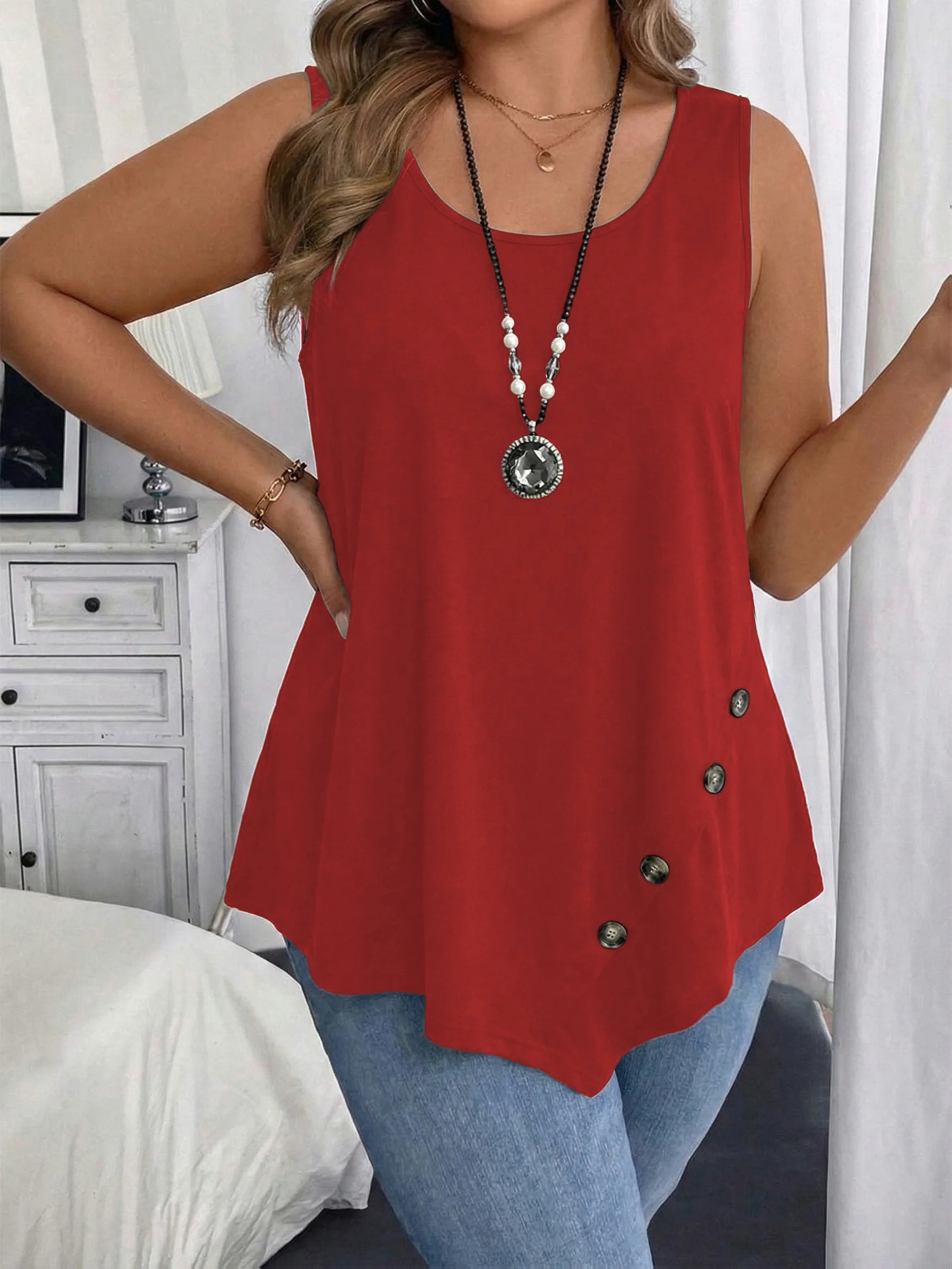 Ärmelloses Damen-Top in Übergröße mit Knopfdetail für mühelosen Stil – Detail 18