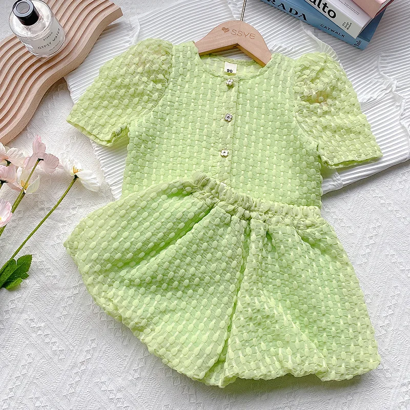 

Girls' Suit Summer Clothing New Green Baby Girls' Solid Color Top+Shorts Two-Piece Suit