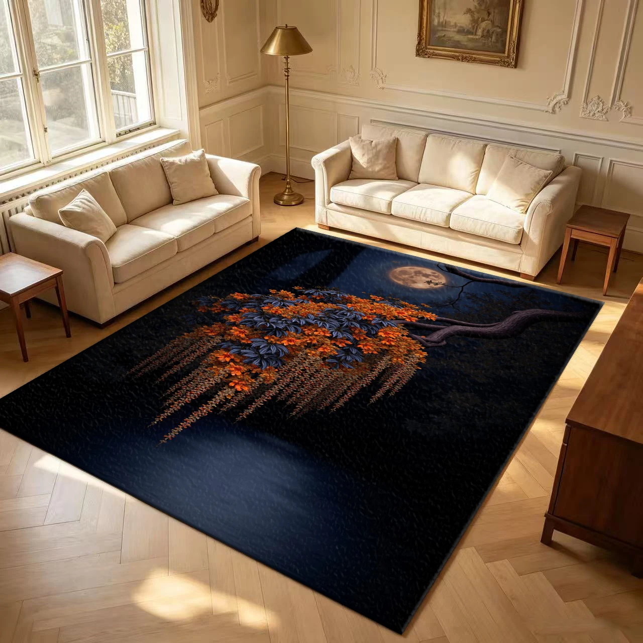 Night Tree Orange Blossom Full Moon Scenery carpet flooring Romantic Floor Rug Mat