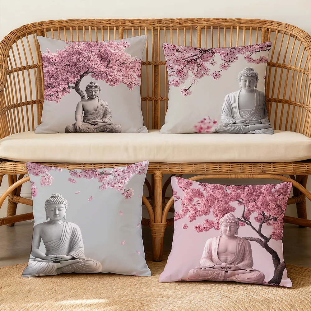 Zen-style Buddha Statue Cherry Blossoms Cushion Cover Square Decorative Throw Pillow Case Sofa Bed Living Room Anniversary Gifts