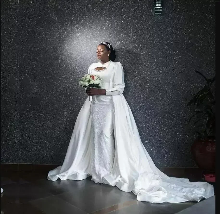 Customized African High Neck Lantern Sleeves Lace Mermaid Wedding Dress With Detachable Train African Hollow Chest Bridal Gown