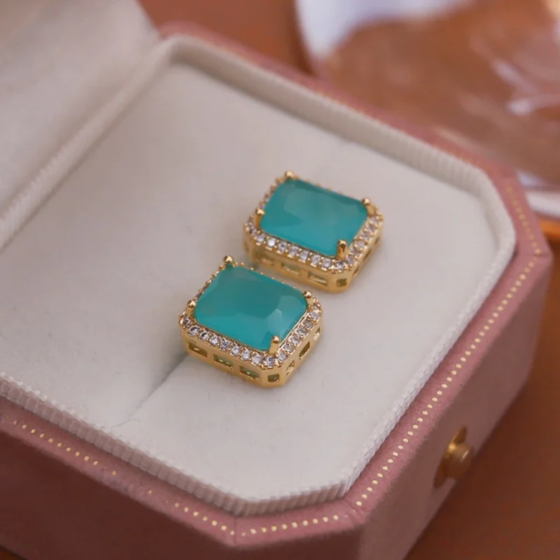 Korean new design fashion jewelry 14K gold plated protein zircon square earrings elegant women's daily work accessories