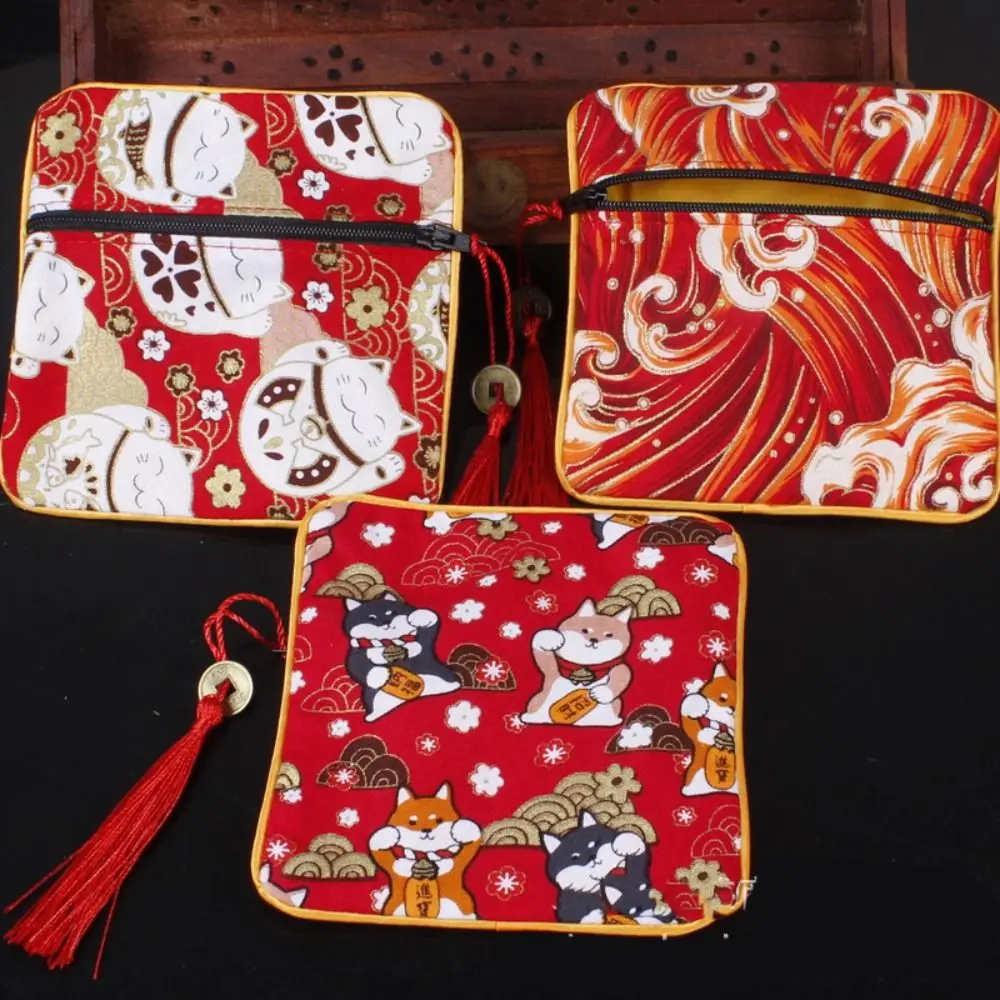Monedero de tela de estilo chino Maneki Neko, billetera de tela con borlas, bolsa de regalo, estuche de joyería bordado, bolsa de almacenamiento de joyería para mujer