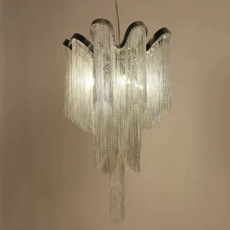 

Modern LED Tassel Sliver Chandelier For Living Room Nordic Luxury Hotel Aluminum Chain Ceiling Hanging Lamps Lighting Fixtures