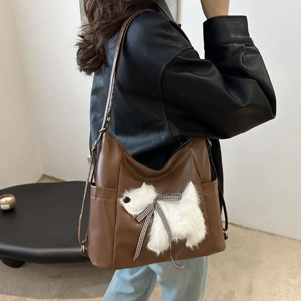 

Cute PU Women Tote Bag Plush Puppy Solid Color Underarm Pouch Large Capacity Soft Crossbody Bag Students