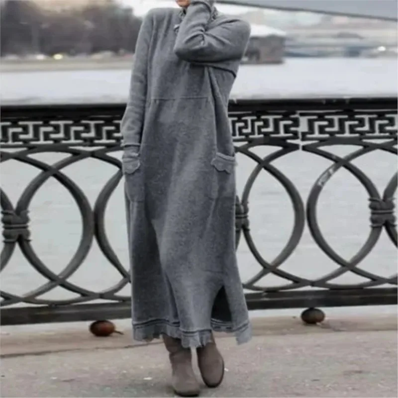 Frauen Maxi Kleid Herbst Winter Mode Neue Stil Elegante Lose Lange Hülse Hoodie Retro Casual Dicke Warme Kleider Für Frauen