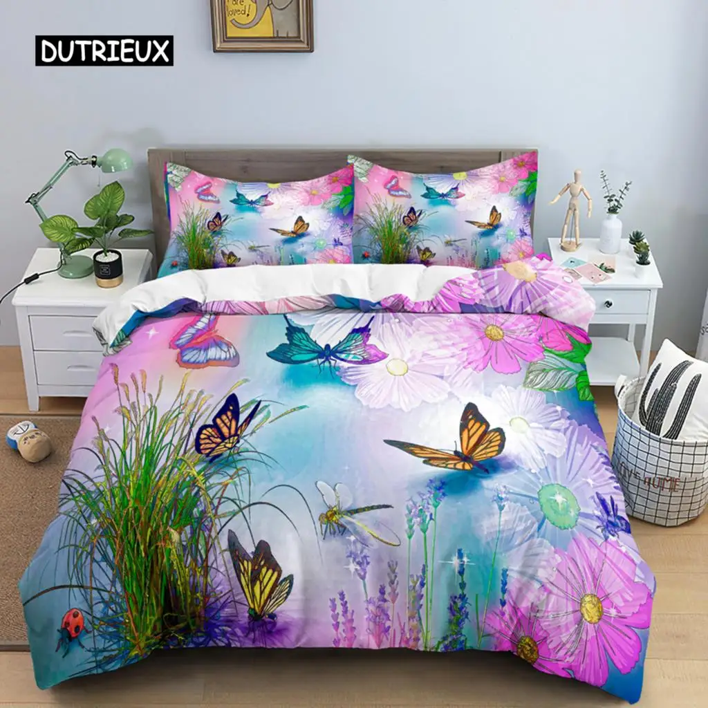 Butterfly Bedding Set, 3D Flower Duvet Cover, Quilt Cover with Zipper Queen Double Comforter Set Kid Girl Christmas Gift