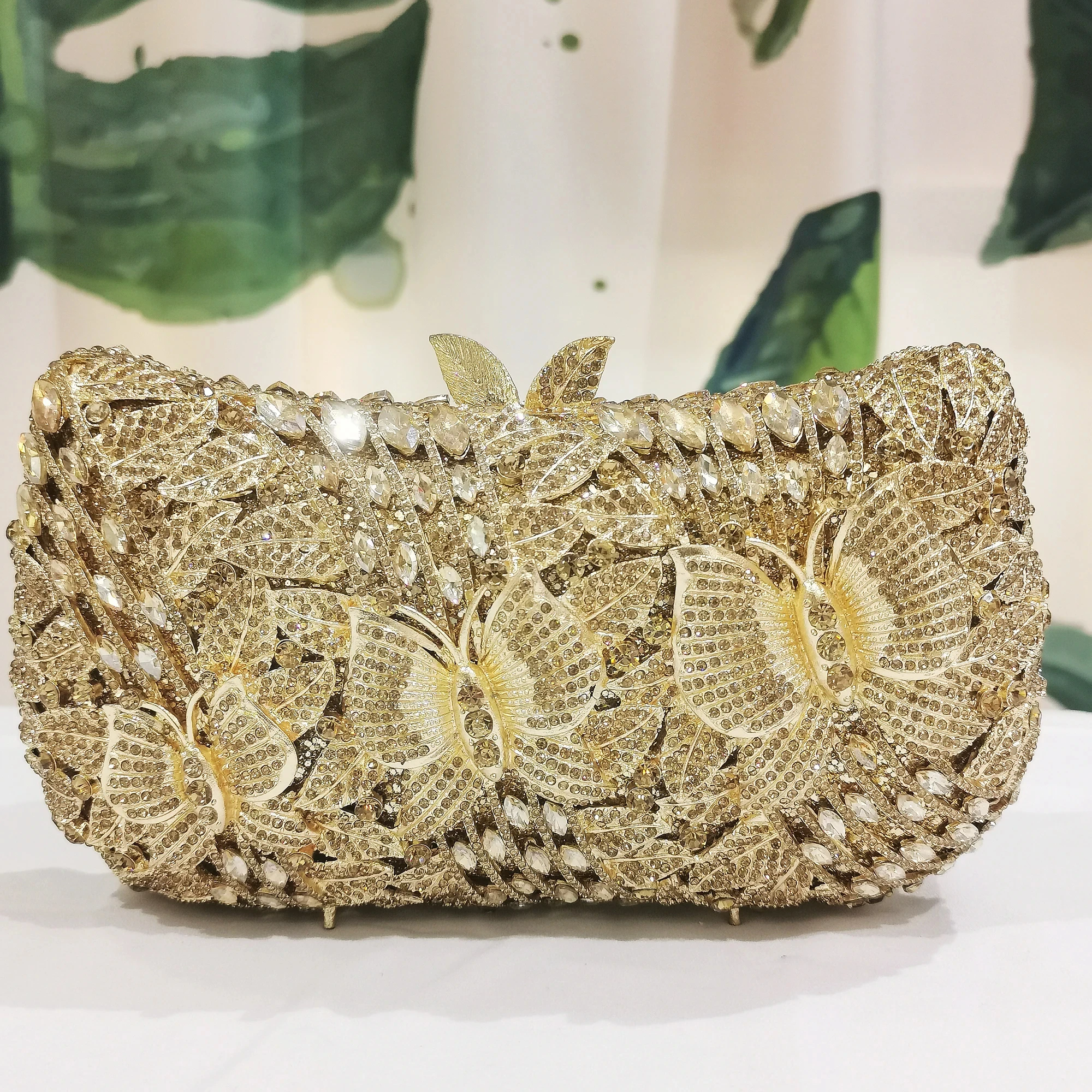 Blue Butterfly Rhinestone Crystal Clutch Bag Gold Metal Design Diamond Handbags Women's Party Prom Handbag  Ladies Wedding Purse